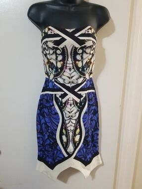 Peter Pilotto Blue/Black Strapless Graphic Print Dress Sculpted Mini Sz XS